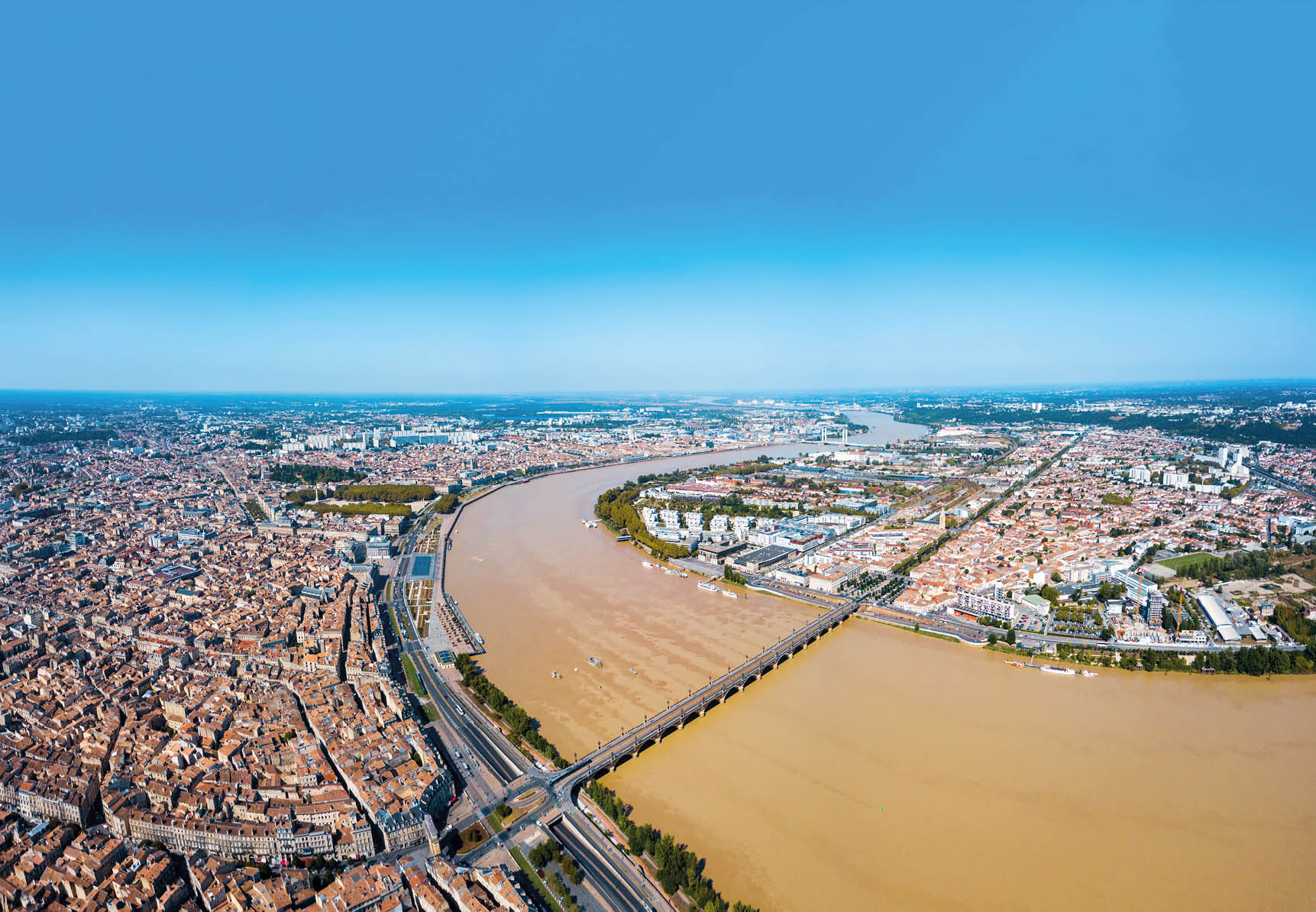 Bordeaux aerial panoramic view. Bordeaux is a port city on the Garonne river in Southwestern France